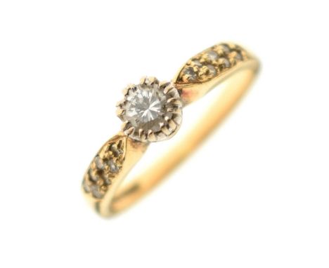 Diamond single stone 18ct gold ring having diamond pave set shoulders, size K, 3g gross approx