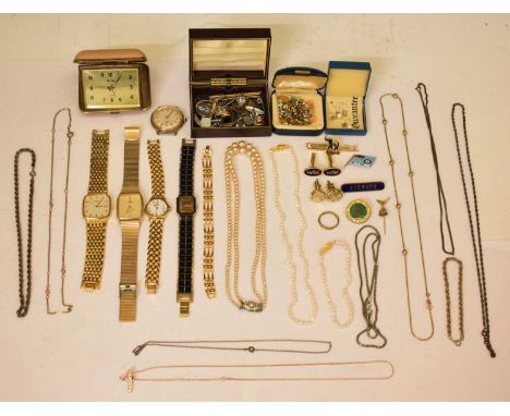 Assorted watches and jewellery, to include: Rotary gold plated wristwatch, square dial with baton markers, centre seconds and