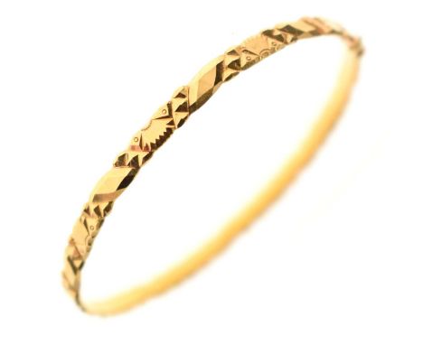 High carat gold bangle, stamped '22K', 4mm wide approx, with safety catch, 12.5g approx