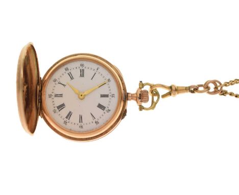 Lady's 20th century 14k yellow metal fob watch, the white enamel Roman dial with gilt dauphine hands, case front and back eng