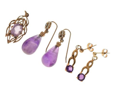 Pair of teardrop amethyst and seed pearl yellow metal drop earrings, a modern pair of amethyst-coloured yellow metal drop ear