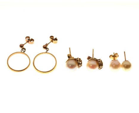 Pair of cultured pearl and diamond 9ct gold stud earrings, a single cultured pearl yellow metal earring, a single faux pearl 