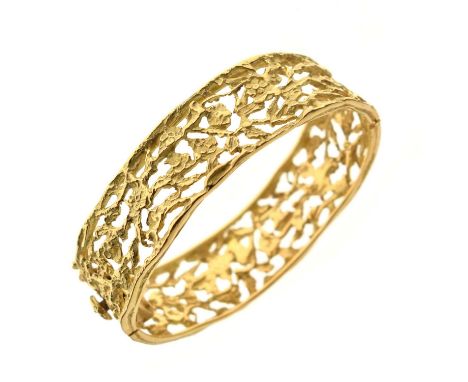 Italian 18ct yellow gold hinged bangle, with figure eight safety clasp, 16mm wide approx, 37.1g approx