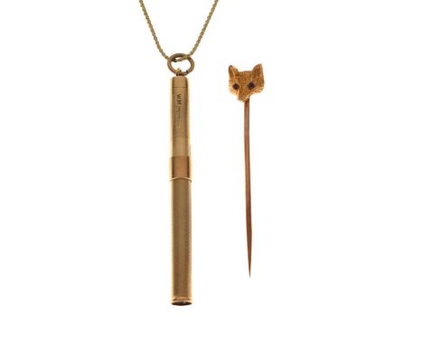 Early 20th century fox head '9ct' yellow metal tie pin with gemset eyes, in fitted case, 2g gross approx, together with a 9ct