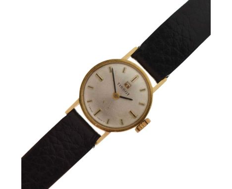 Tissot - Lady's 18ct gold cased wristwatch, the silvered dial with gilt baton hour markers, unsigned crown, signed case back 
