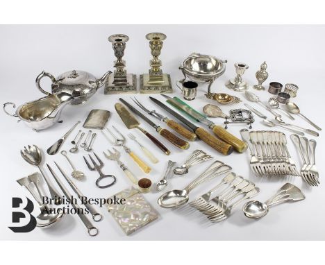 Miscellaneous items, including silver plated forks, spoons, sugar sifter, serving spoons, napkin rings, knife rest, silver ca