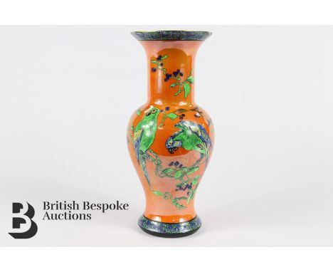 Wiltshaw & Robinson Carlton Ware parrot vases, circa 1921, approx 21 cms h, nr 3037, orange ground with bold parrot design. 