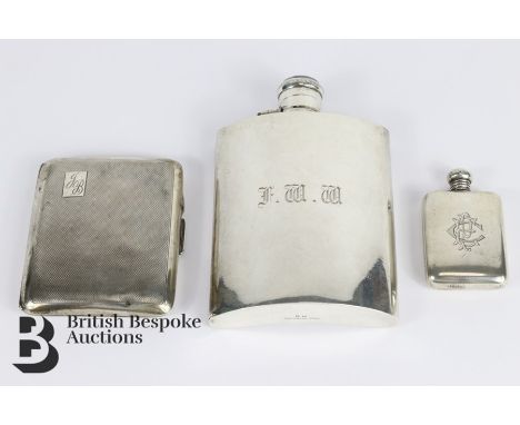 Silver hip flask, Birmingham hallmark, dated 1920, mm F. Burton Crosbee, monogram F.W.W approx 9 x 12.5 cms, 178.9 gms; toget