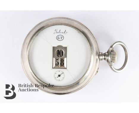 Rare silver Gedeon Thommen digital pocket watch. The open-face pocket self-wind pocket having a white enamel face with figura