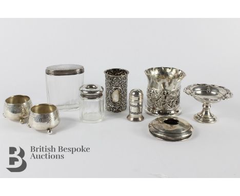 Collection of small silver items, including pin dish Chester hallmark dated 1937 on raised foot, silver-topped trinket jar pl