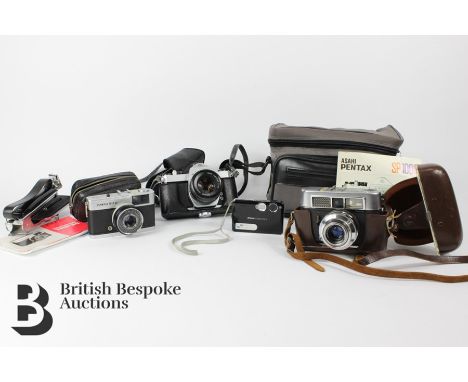 Vintage camera's, Asahi Pentax SP1000 35mm camera complete with flash and tripod frame and tripod; Voigtlander Prontor 500 LK