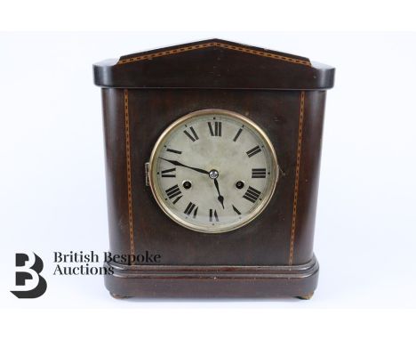 Edwardian HAC mahogany mantel clock. The clock having a cream face with Roman dial, decorative inlay to the case, approx 26 w