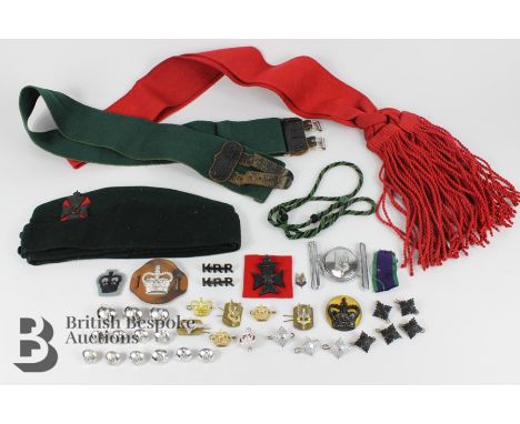 Military items, including an officer's side cap Kings Royal Rifle Corps, including lanyard and shoulder titles, together with