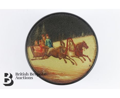 19th century Russian enamel cylindrical box and cover, painted with figures enjoying a troika ride, approx 10 x 9 cms, unsign