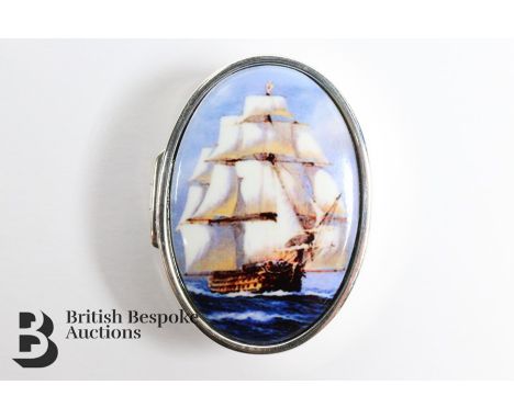 Silver and enamel oval pill box, depicting a ship in full sail, approx 40 x 25 cms.&nbsp;