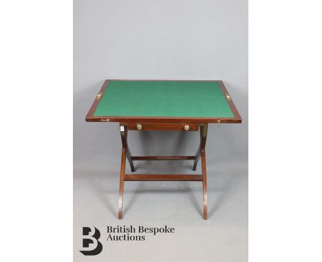 Campaign card table, with green baize playing field, single drawer with fitted interior for accessories, raised on a folding 