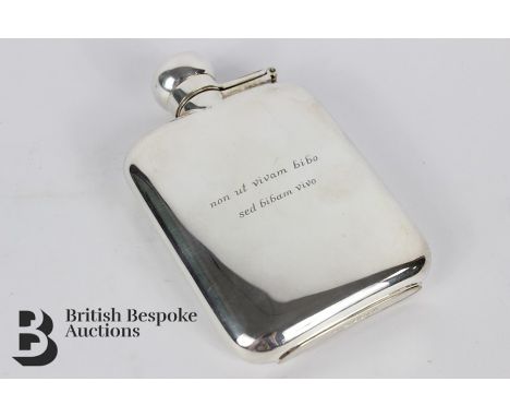 Attractive millennium&nbsp; silver hip flask, Sheffield hallmark, dated 2000, mm Robert Carr, approx 12.5 x 8 cms, approx 188