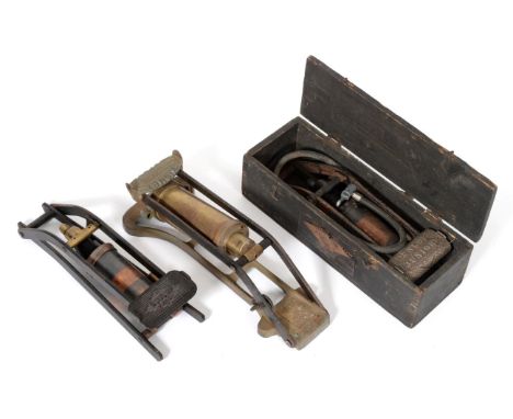 Three Vintage Foot Operated Tyre Pumps, comprising Dunlop Junior, original stained pine box with paper label; a Kismet-Duplex