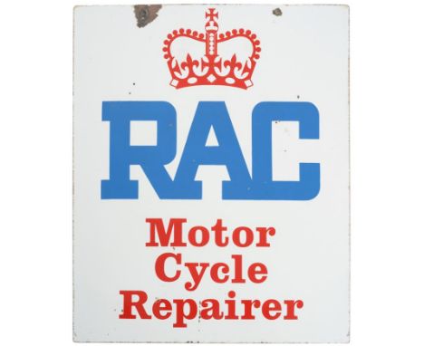 An RAC Motor Cycle Repairer Enamel Double-Sided Advertising Sign, with two drill holes, 63cm by 52cm  Buyer's premium of 20% 