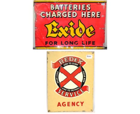 A Redex Service Agency Single-Sided Enamel Advertising Sign, with four metal drill holes, 30cm by 23cm; and A Red Enamel Sing