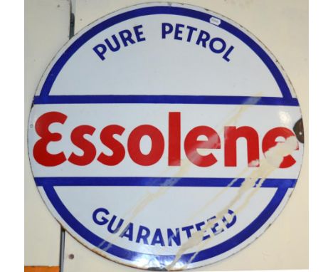 An ''Essolene Pure Petrol Guaranteed'' Circular Enamel Single-Sided Advertising Sign, with four metal drill holes, 76cm diame