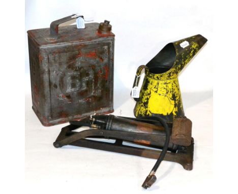 A Vintage Dunlop Major Foot Pump, a yellow enamel oil can and red BP fuel can (3)  Buyer's premium of 20% (+VAT) applies to t