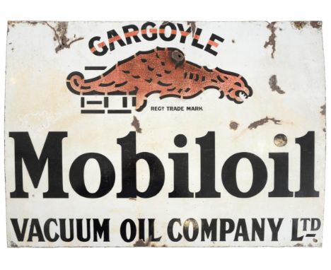 A ''Gargoyle'' Mobiloil Vacuum Oil Company Ltd Enamel Single-Sided Advertising Sign, with four drill holes, 71cm by 97cm   Bu