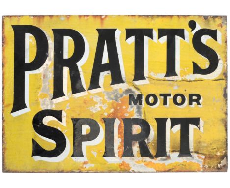 A Pratts Motor Spirit Double-Sided Enamel Advertising Sign, with flange bracket and drill holes (rusted), 37cm by 53cm  Buyer