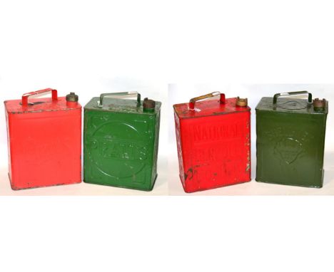 Four Vintage Petrol Cans, comprising green painted Shell-Mex BP Ltd, a green painted Pratts, a red painted Pratts, and a red 