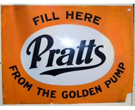 A Vintage Enamel Single-Sided Advertising Sign ''Pratts Fill Here from the Golden Pump'', eight drill holes and some repainti