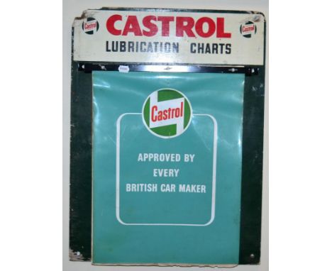 A Vintage Castrol Lubrication Painted Wooden Chart Board,circa 1960,  the painted metal bracket for fifty-four charts used fo