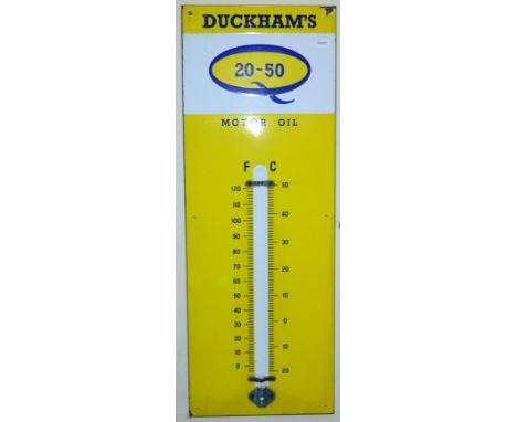 A Duckhams 20-50 Motor Oil Single-Sided Enamel Advertising  Sign, with painted thermometer gauge, 92cm by 33cm  Buyer's premi
