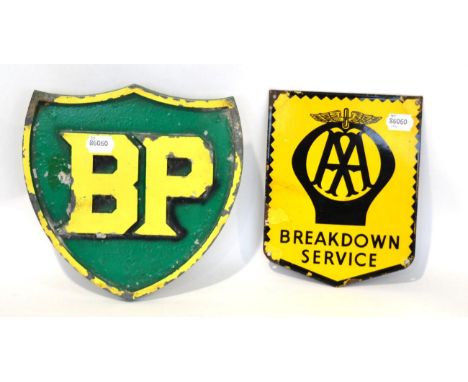 An AA Single-Sided Enamel Advertising Sign ''Breakdown Service'', 23cm by 18cm; and A BP Cast Metal Plaque of Shield Shape Fo