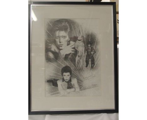 A large David Bowie pencil sketch , framed , mounted and signed by the artists measuring 67 cm by 83 cm