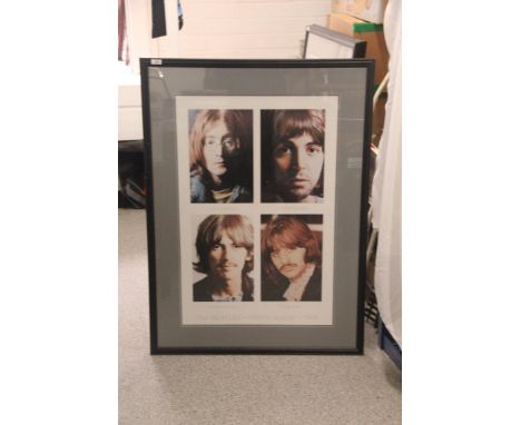 A large framed Beatles print measuring 85 x 114 cm depicting images from the White Album