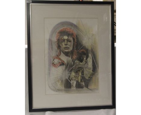 A large David Bowie pencil sketch , framed , mounted and signed by the artists measuring 67 cm by 83 cm