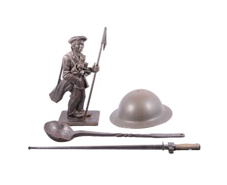 Wooden hat block, World War II helmet, Lebel style bayonet numbered A8134, cast iron ladle and golfer fireside companion.