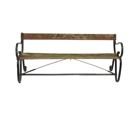 Wrought iron and slatted wood garden bench, scrolled frame, length 183cm.
