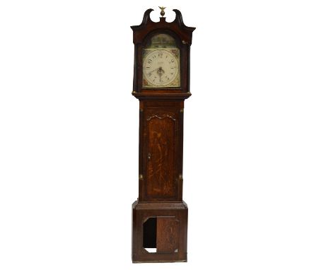 Oak and mahogany longcase clock, the case with brass finial and swan neck pediment, fluted columns, arched door, plinth base,