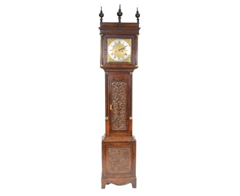 Carved longcase clock, square brass dial, signed Richard Gilkes, Adderbury, silvered chapter-ring, eight-day two-chain moveme
