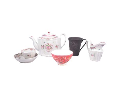 A Newhall teapot, three teabowls and saucers; two milk jugs; five modern Wedgwood bowls; and a modern Wedgwood 'The Frightene