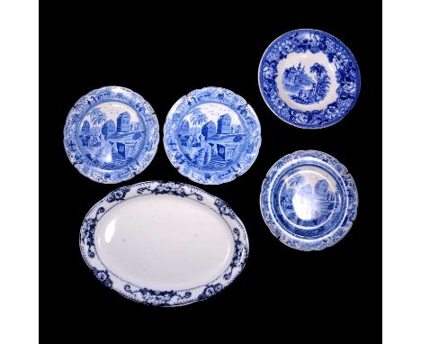 Three Spode blue and white earthenware 'Caramanian' Series plates, the centres transferred with 'Sarcophagi at Cacamo' patter
