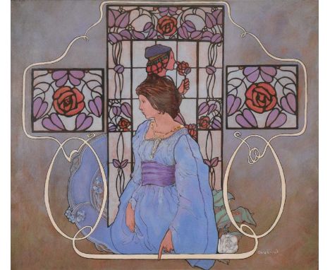 Gary Scott, 'Violet and Blue', an Art Nouveau revival portrait, 1974oil on board, signed, titled and dated verso,43x50cm.
