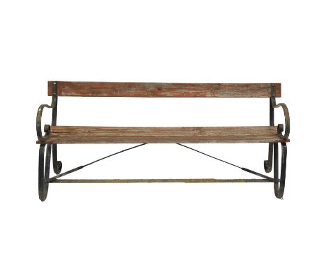Wrought iron and slatted wood garden bench, scrolled frame, length 183cm.