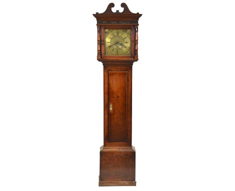 Oak longcase clock, case with swan neck pediment, door with cracked glass, turned columns, long door with star inlay, plinth 