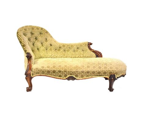 Victorian rosewood chaise-longue, scroll chair-back design, on cabriole legs, length approximately 180cm, height 90cm.Conditi