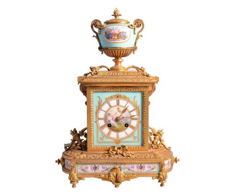 19th century French gilt bronze and enamel mantel clock, Rollin Paris cylinder movement, the rectangular porcelain dial paint