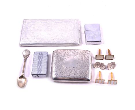 A silver cigarette case, Joseph Gloster Ltd, Birmingham 1942, engraved scroll design, gilt interior, 8x9cm; silver souvenir g