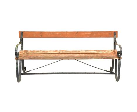 Wrought iron and slatted wood garden bench, scrolled frame, length 183cm.