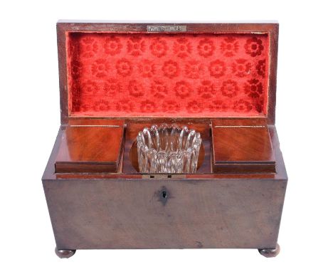 William IV mahogany sarcophagus-shape tea caddy, of large size, fitted with glass mixing bowl and two compartments, width 36c